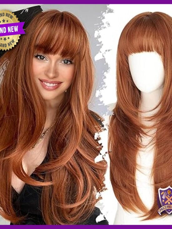 Long Layered Human Hair Wig with Bangs Heat Resistant 26 Inch